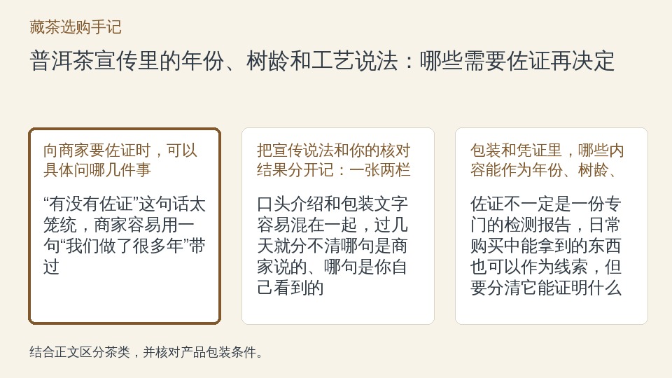 普洱茶宣传里的年份、树龄和工艺说法:哪些需要佐证再决定的知识要点示意图