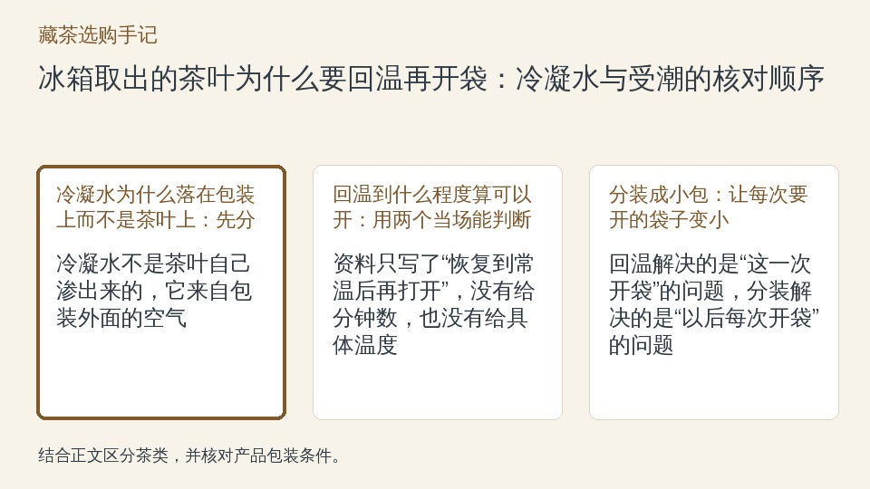 冰箱取出的茶叶为什么要回温再开袋:冷凝水与受潮的核对顺序的知识要点示意图