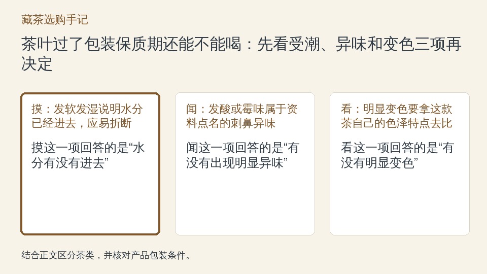 茶叶过了包装保质期还能不能喝：先看受潮、异味和变色三项再决定的知识要点示意图