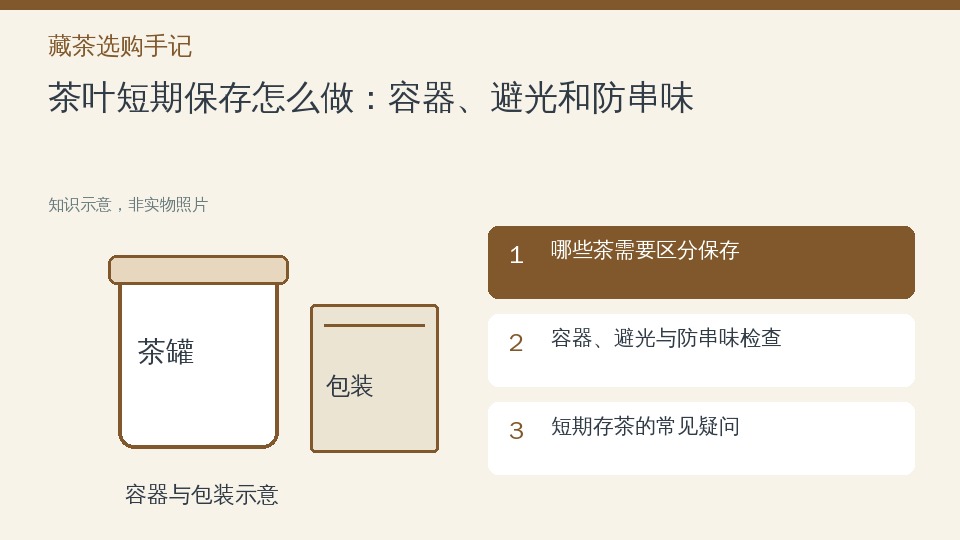茶叶短期保存怎么做：容器、避光和防串味的知识要点示意图