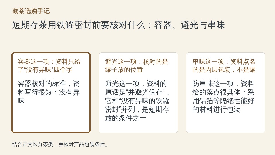 短期存茶用铁罐密封前要核对什么:容器、避光与串味的知识要点示意图