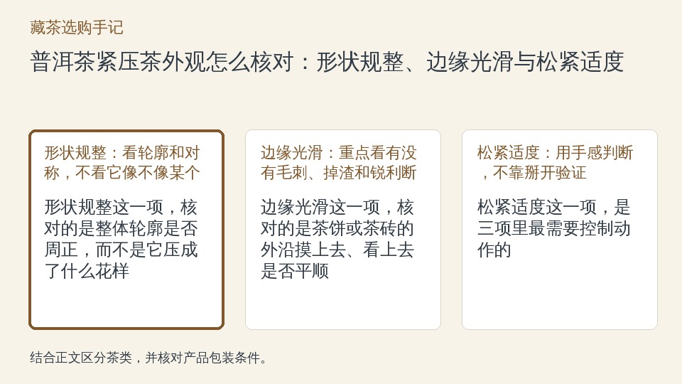 普洱茶紧压茶外观怎么核对：形状规整、边缘光滑与松紧适度的知识要点示意图